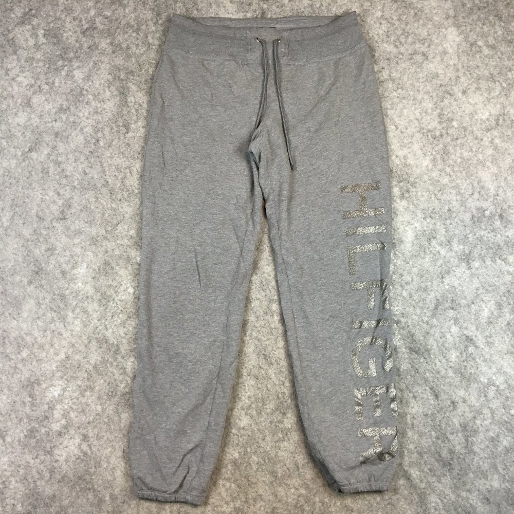 Tommy Hilfiger Jogger Pants M Womens Gray Metallic Spellout Logo Athleisure